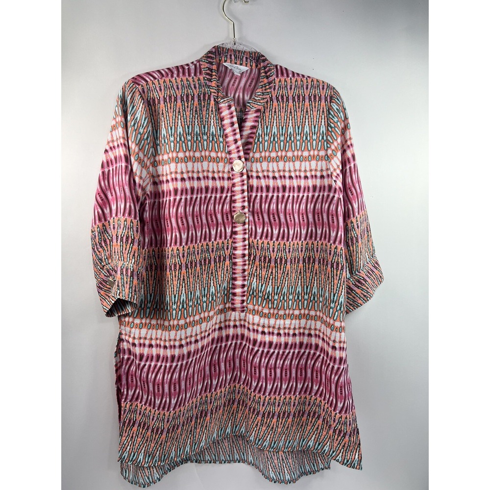 Coral Bay Blouse Women's Sz S V-Neck 3/4 Sleeves Red White Orange‎